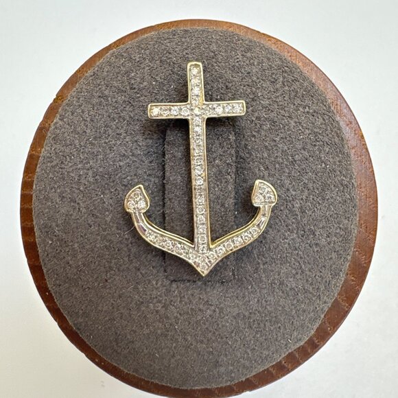 10K Yellow Gold Anchor Nautical Diamond Pendant Small Slide Bail 9/10" Length - Picture 1 of 13